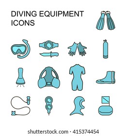 set of scuba diving equipment,  in a modern style lines. 14 divinf icons. Isolated element for website, advertisings.  Vector illustration. eps10
