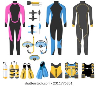 Set of scuba diving equipment on white background, illustration