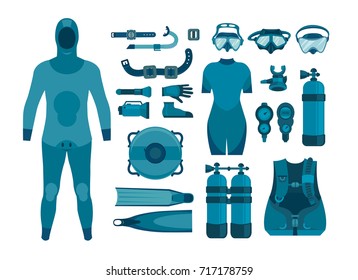 Set of scuba diving equipment on a white background. Vector illustration. Underwater sport.