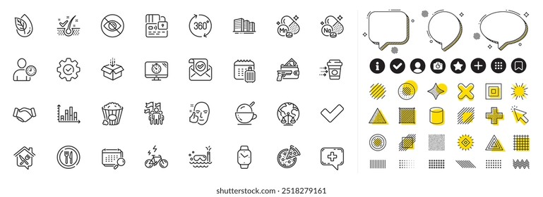 Set of Scuba diving, Execute and Anti-dandruff flakes line icons for web app. Design elements, Social media icons. Tick, Medical chat, Food delivery icons. Vector