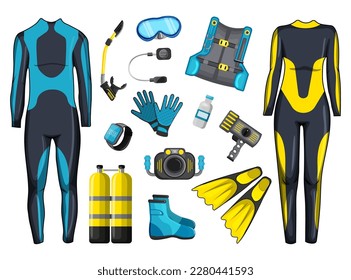 Set von Tauchausrüstung und Zubehör. Ausrüstung für Unterwasserabenteuer. Wetsuit, Tauchbrille, Schnorchel, Flossen, Sauerstofftank und Regler. Fotokamera für Entdecker-Biologe. Vektorgrafik