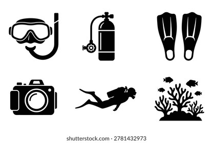 Conjunto de iconos de buceo, incluyendo máscara de buceo con snorkel, tanque de oxígeno, aletas, cámara submarina, buceador y arrecife de coral con peces