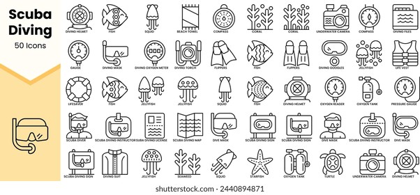 Set of scuba diving icons. Simple line art style icons pack. Vector illustration