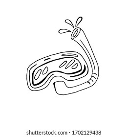 Set for scuba diving the mask and the tube. Drawn in Doodle style. Vector illustration, black and white.