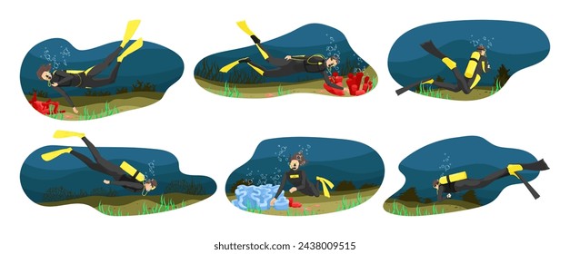 Set of scuba diving plots on the bottom of the sea. Collection of beautiful seascape fauna, coras, algae. Divers are exploring ocean nature. Concept of exploration and development. Vector illustration