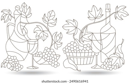 A set of sculptural illustrations with still lifes, wine bottles, grapes and fruits isolated on a white background