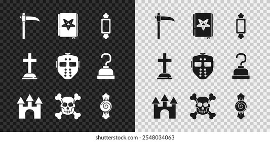 Set Scythe, Ancient magic book, Candy, Castle, Skull on crossbones, Tombstone with and Hockey mask icon. Vector