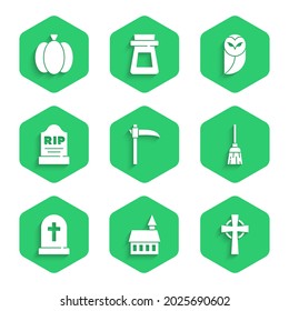Set Scythe, Castle, Tombstone with cross, Witches broom, RIP written, Owl and Pumpkin icon. Vector
