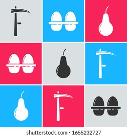 Set Scythe, Chicken egg in box and Pear icon. Vector