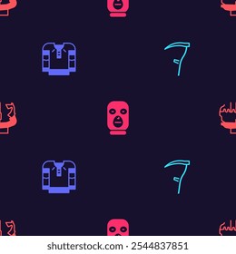 Set Scythe, Embroidered shirt, Thief mask and Monument to founders of Kiev on seamless pattern. Vector