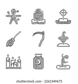 Set Scythe, Eye in a jar, Zombie hand, Witch, Burning candle, Witches broom, Tombstone with cross and Voodoo doll icon. Vector