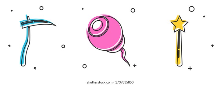 Set Scythe , Eye  and Magic wand  icon. Vector