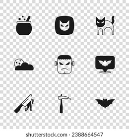 Set Scythe, Flying bat, Frankenstein face, Black cat, Halloween witch cauldron,  and Moon and stars icon. Vector