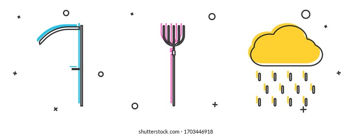 Set Scythe, Garden pitchfork and Cloud with rain icon. Vector