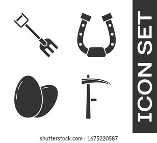 Set Scythe, Garden rake, Chicken egg and Horseshoe icon. Vector