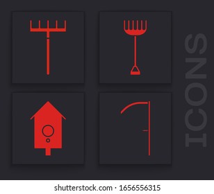 Set Scythe, Garden rake, Garden rake and Retro wall watch icon. Vector