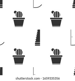 Set Scythe, Garden saw and Cactus and succulent in pot on seamless pattern. Vector