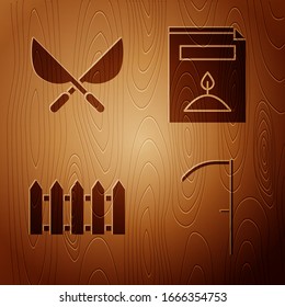 Set Scythe, Gardening handmade scissors, Garden fence wooden and A pack full of seeds of a specific plant on wooden background. Vector