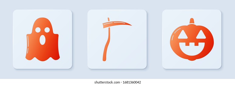 Set Scythe , Ghost  and Pumpkin . White square button. Vector