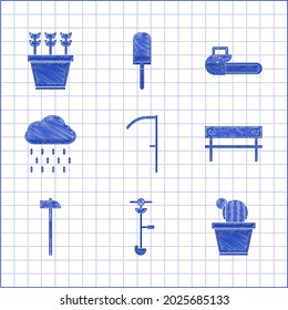 Set Scythe, Grass and weed electric string trimmer, Cactus succulent pot, Bench, Hammer, Cloud with rain, Chainsaw and Plants icon. Vector