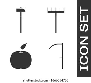 Set Scythe, Hammer, Apple and Garden rake icon. Vector