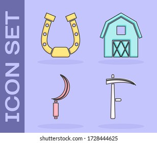 Set Scythe, Horseshoe, Sickle and Farm House concept icon. Vector