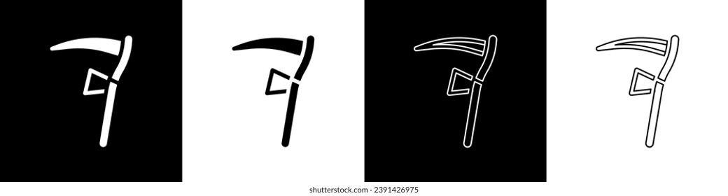 Set Scythe icon isolated on black and white background. Happy Halloween party.  Vector
