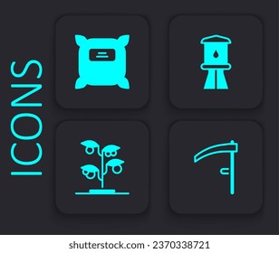 Set Scythe, Pack full of seeds, Water tower and Sprout icon. Black square button. Vector