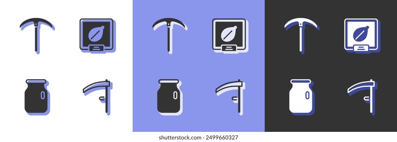 Set Scythe, Pickaxe, Glass jar with screw-cap and Seeds of specific plant icon. Vector