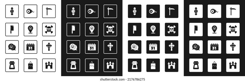 Set Scythe, Pumpkin, Meat chopper, Candy, Skull on crossbones, Eye, Tombstone with and  icon. Vector