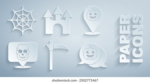 Set Scythe, Pumpkin, Skull, Castle and Spider web icon. Vector