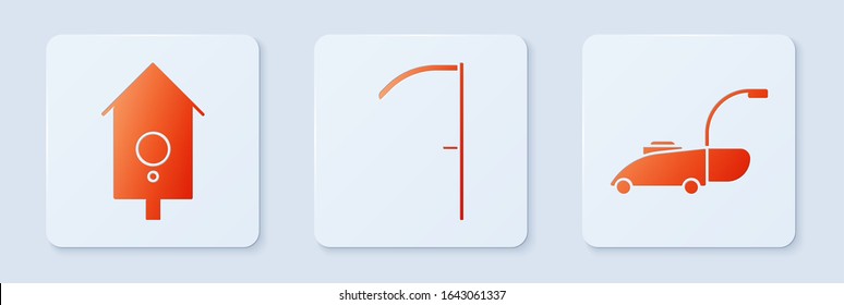 Set Scythe, Retro wall watch and Lawn mower. White square button. Vector