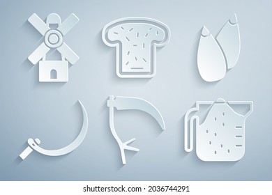 Set Scythe, Seed, Sickle, Measuring cup, Bread toast and Windmill icon. Vector