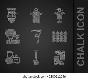 Set Scythe, Shovel, Waterproof rubber boot, Garden fence wooden, Tractor, Soil ph testing, Scarecrow and Well with bucket icon. Vector