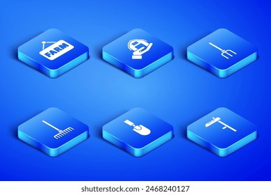 Set Scythe, Signboard with text Farm, Garden trowel spade or shovel, rake, house in hand and pitchfork icon. Vector