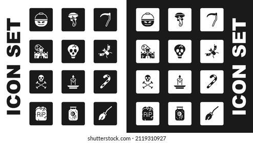 Set Scythe, Skull, Castle, fortress, Pumpkin basket sweets, Flying bat, Psilocybin mushroom, Christmas candy cane and on crossbones icon. Vector