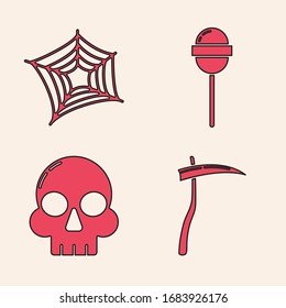 Set Scythe , Spider web , Lollipop  and Skull  icon. Vector