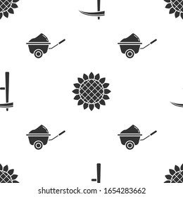 Set Scythe, Sunflower and Wheelbarrow with dirt on seamless pattern. Vector