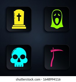 Set Scythe , Tombstone with cross , Skull  and Funny and scary ghost mask for Halloween . Black square button. Vector