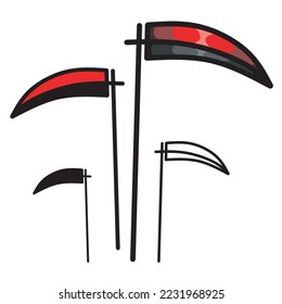 set of scythe weapon, red scythe, black scythe, outline scythe, vector illustration. isolated on white