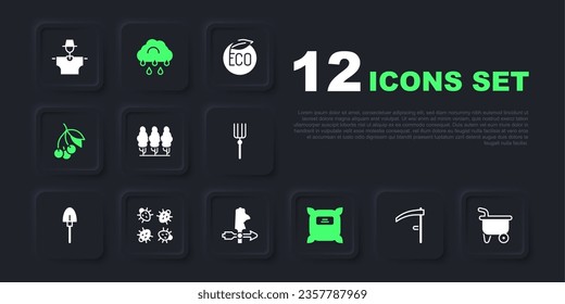 Set Scythe, Wheelbarrow, Fruit trees, Pack full of seeds, Fresh berries, Colorado beetle, Cloud with rain and Rooster weather vane icon. Vector