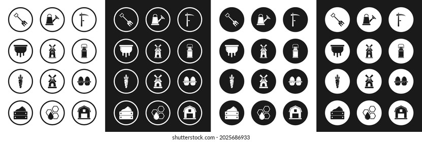 Set Scythe, Windmill, Udder, Garden rake, Can container for milk, Watering can, Chicken egg box and Carrot icon. Vector