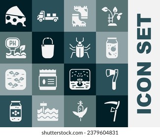 Set Scythe, Wooden axe, Jam jar, Waterproof rubber boot, Bucket, Soil ph testing, Cheese and Insect fly icon. Vector