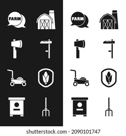 Set Scythe, Wooden axe, Speech bubble with Farm, house, Lawn mower, Shield corn, Garden pitchfork and Hive bees icon. Vector