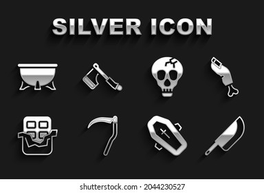 Set Scythe, Zombie finger, Knife, Coffin with cross, Chocolate bar, Skull, Halloween witch cauldron and Wooden axe icon. Vector