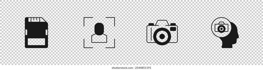 Defina o cartão SD, a linha de moldura de foco da câmera, a câmera fotográfica e o ícone. Vetor