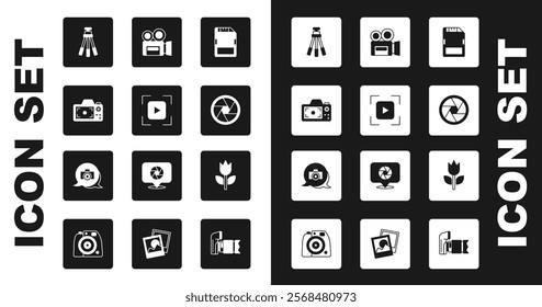 Set SD card, Camera focus frame line, Photo camera, Tripod, shutter, Retro cinema, mode macro and  icon. Vector