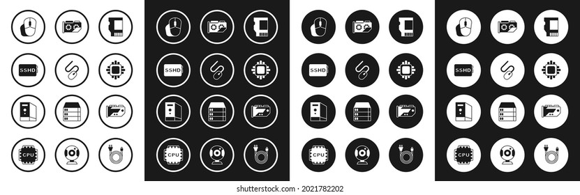 Establezca la tarjeta SD, el ratón de PC, SSHD, el procesador con CPU, vídeo gráfico y el icono Caso de equipo. Vector