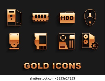 Set SD card, Computer mouse, Case of computer, Motherboard digital chip, Optical disc drive, Hard disk HDD,  and RAM, random access memory icon. Vector