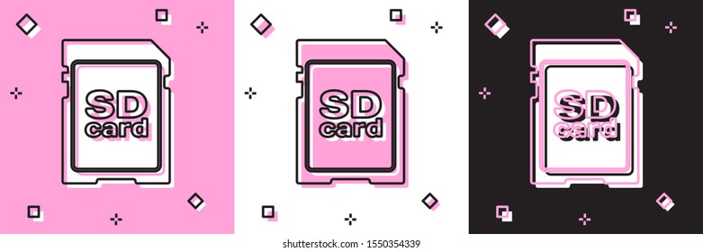 Set SD card icon isolated on pink and white, black background. Memory card. Adapter icon.  Vector Illustration